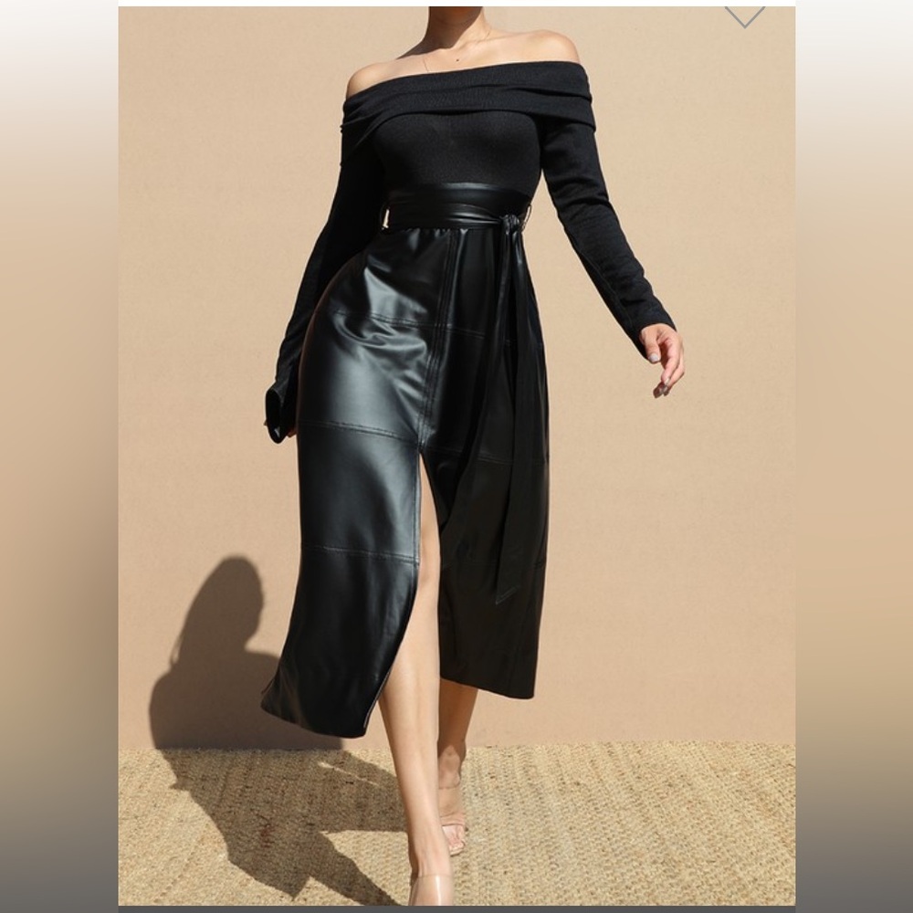 NWT @The King Kouture Boutique Midi Off Shoulder Faux Leather Dress Black Small
